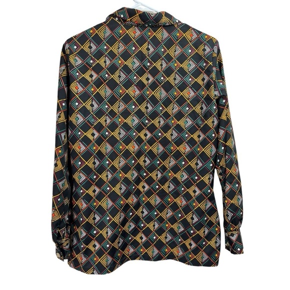 Vintage 70's Disco Shirt Top Womens Size M/L Black Print Button Up Mod Dagger - Picture 2 of 7
